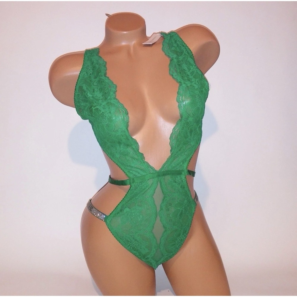 Victoria Secret Lingerie Teddy One Piece Bodysuit XL Green Shine‎ Strap Lace